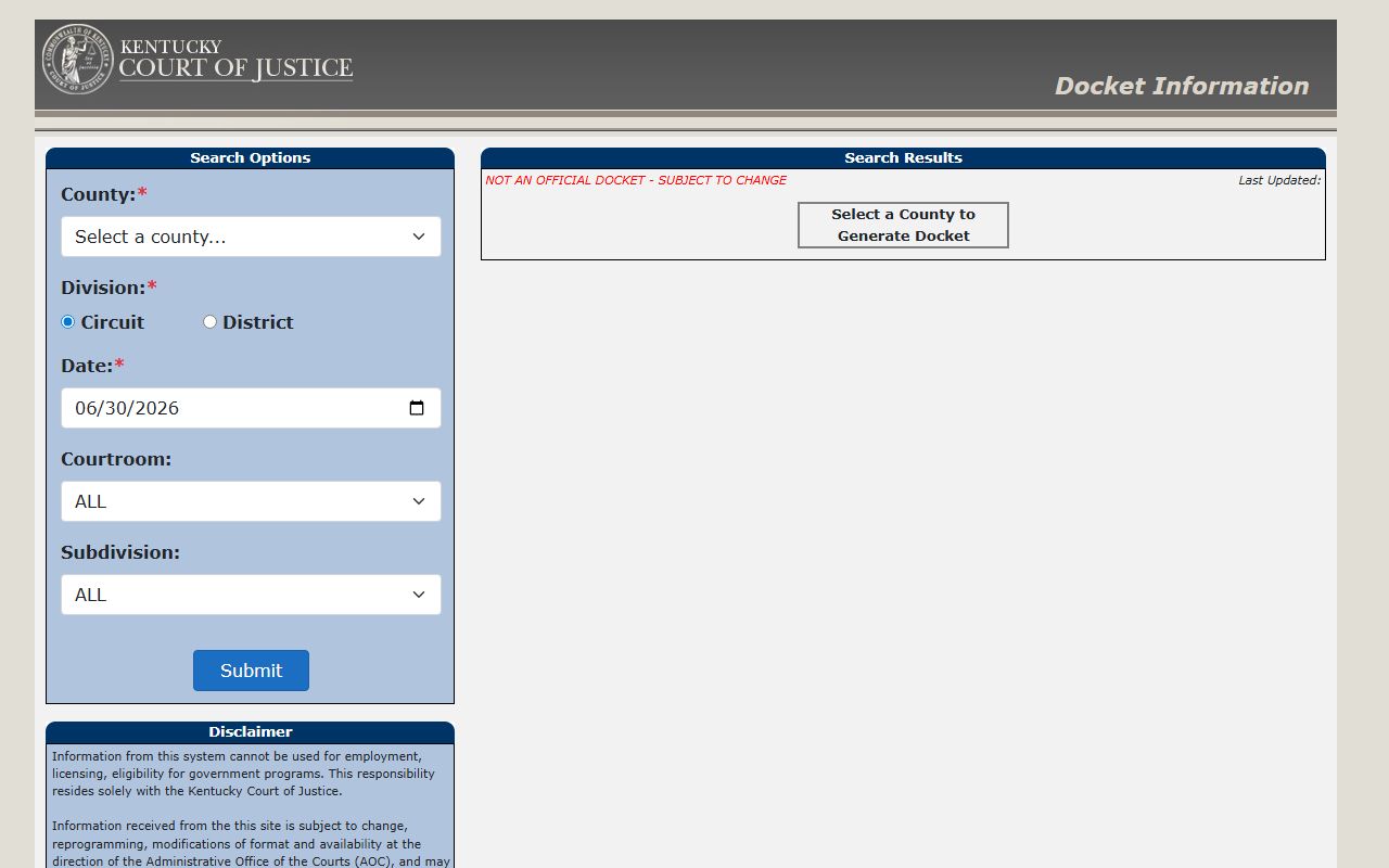 Russell County court dockets KCOJ docket search form