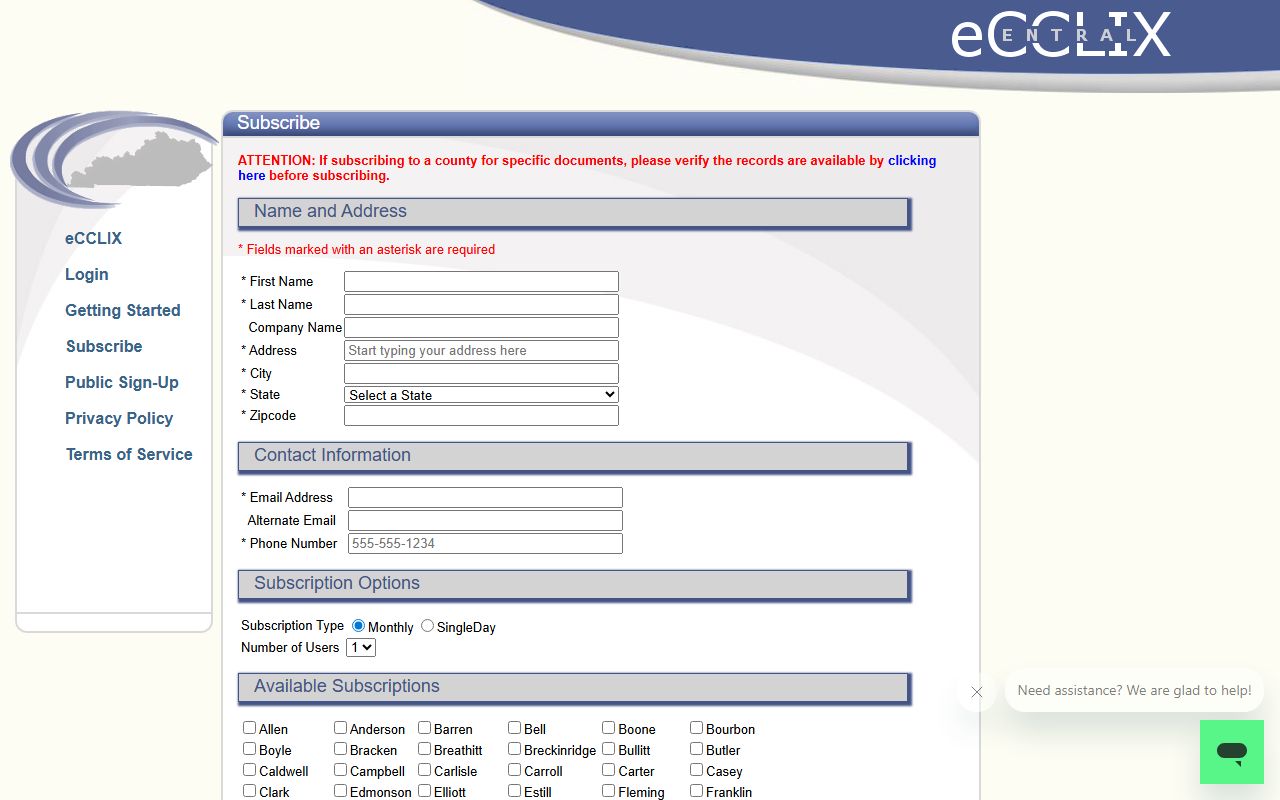 Russell County court records eCCLIX subscription form