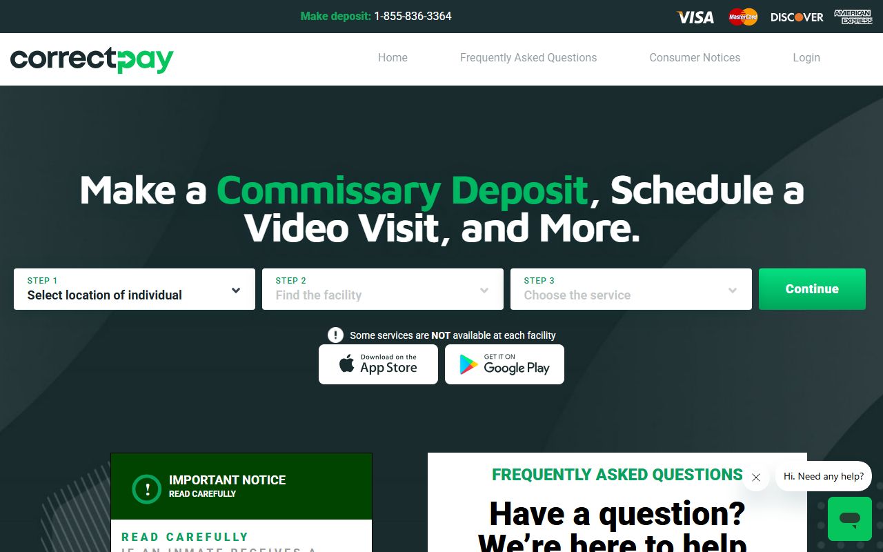 CorrectPay services page for deposits and inmate services
