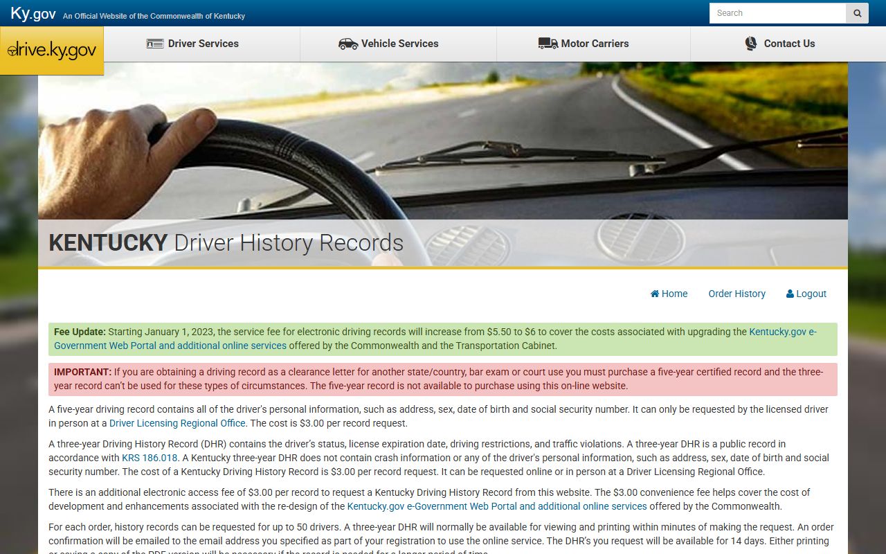 Kentucky online driver history record portal